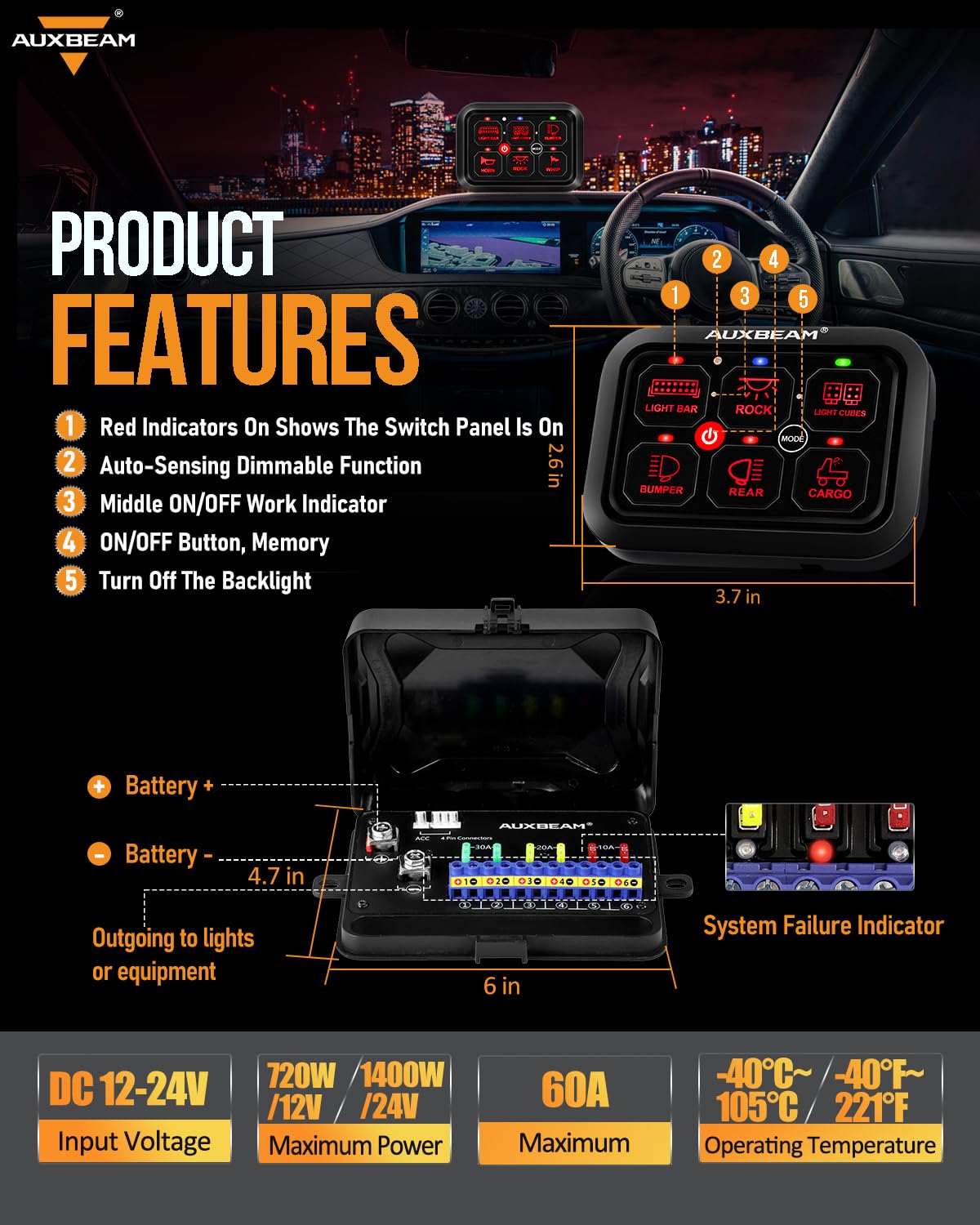 Auxbeam 6 Gang Switch Panel RA60 Toggle Momentary Pulsed RGB